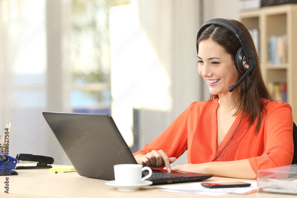 woman on a video call with headset