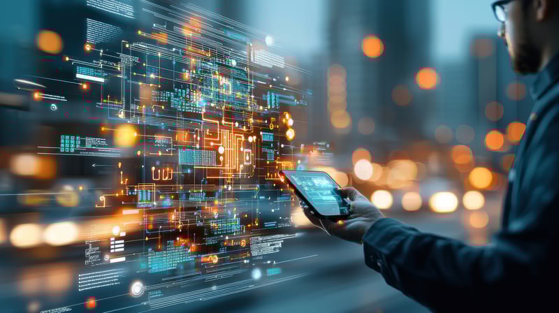 man using tablet to hack or code ai technology