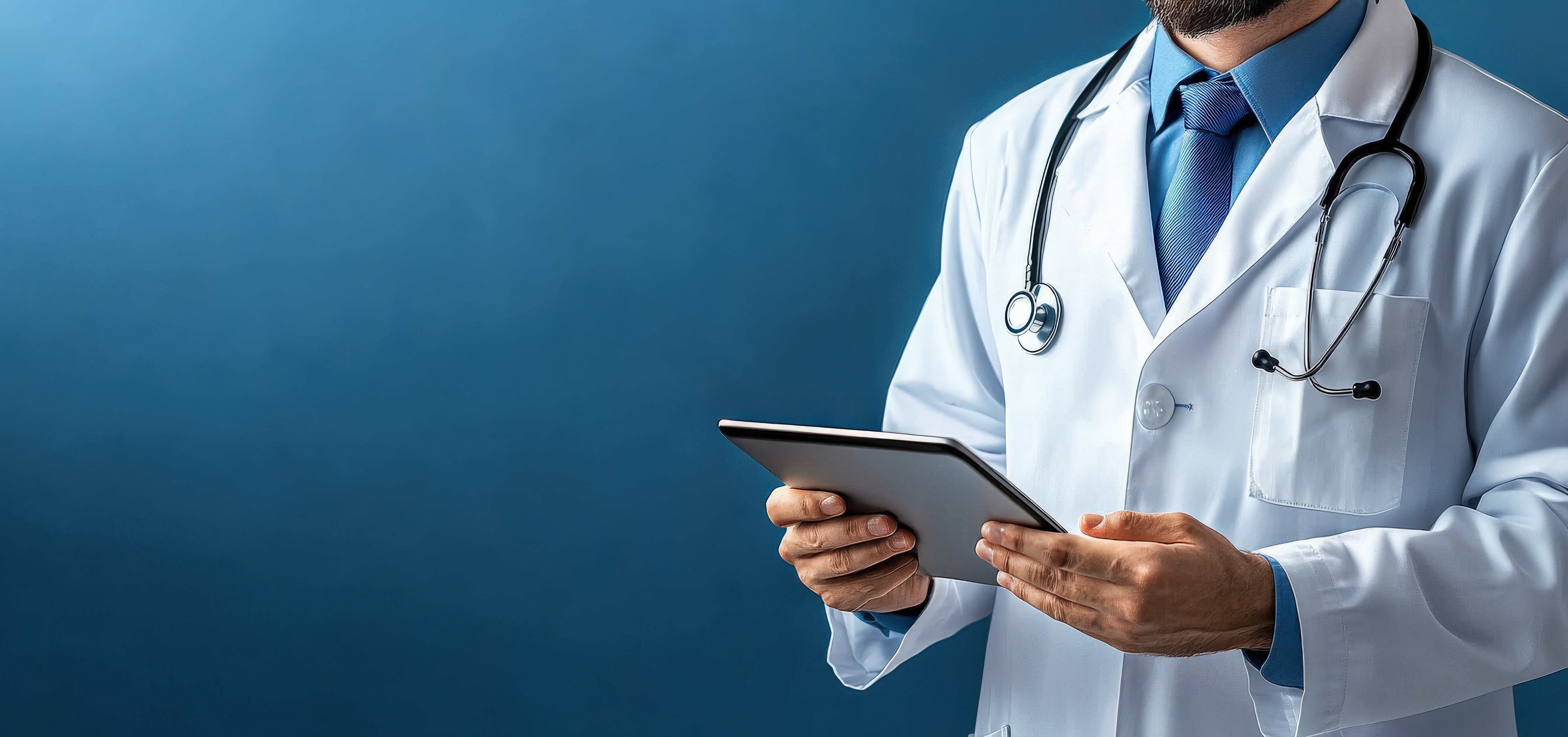 •	Healthcare physician in a white lab coat reviewing network security and cost optimization strategy on a tablet