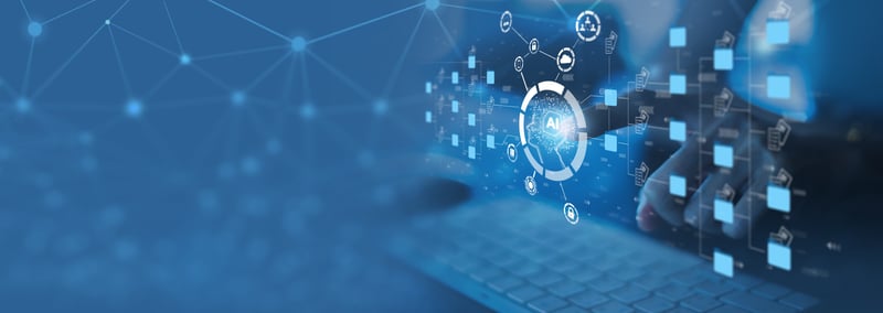 AI technology features with hands typing on a keyboard