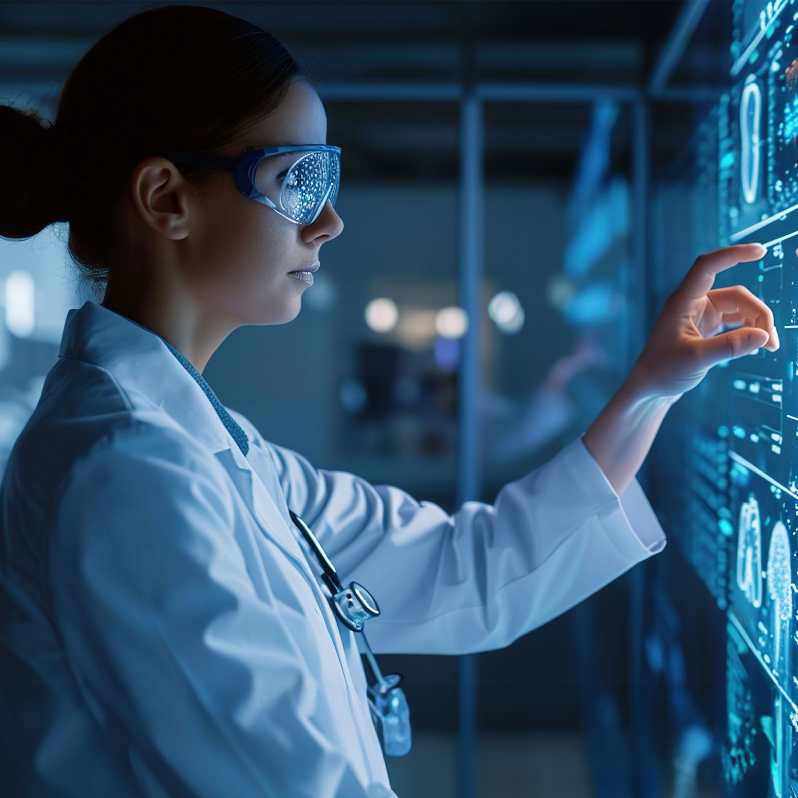 Doctor reviewing data on large touch screen wall