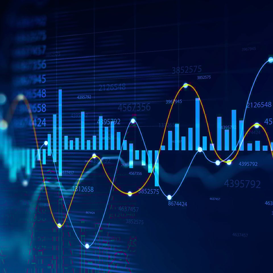 A graphical representation of data with multiple lines and bar charts on a dark blue background. The image highlights IT services for the financial industry and information security in the banking sector