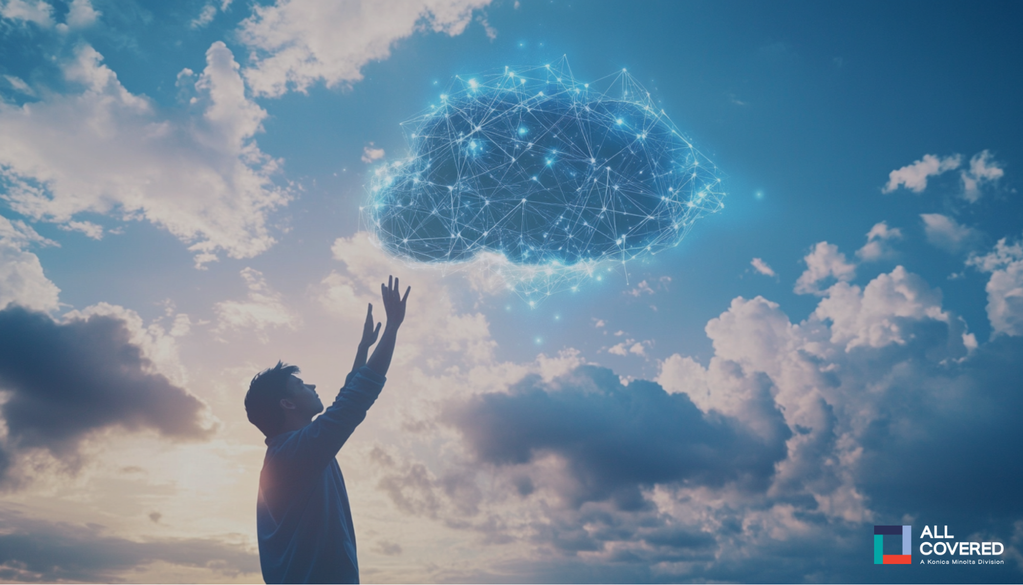  A person reaching towards a stylized cloud with interconnected data streams.