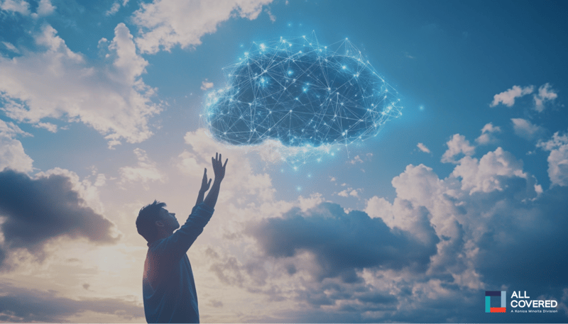A person reaching towards a stylized cloud with interconnected data streams.